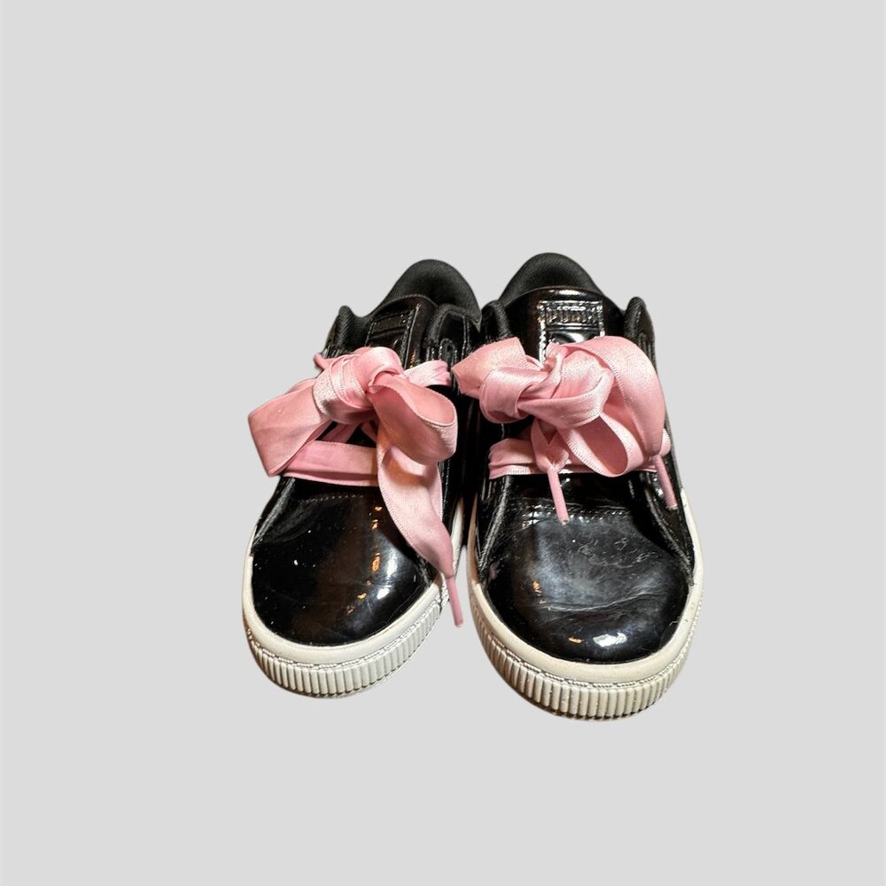 Puma basket heart patent black sneakers size 13.5 pink satin laces